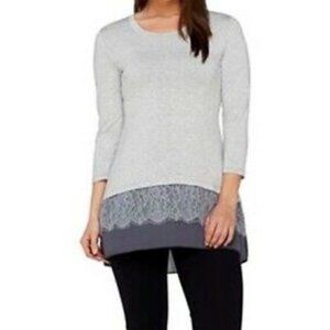 LOGO XLP Cream Lace Satin Hem Ruffles Tiered Hi Low Stretch Knit Tunic